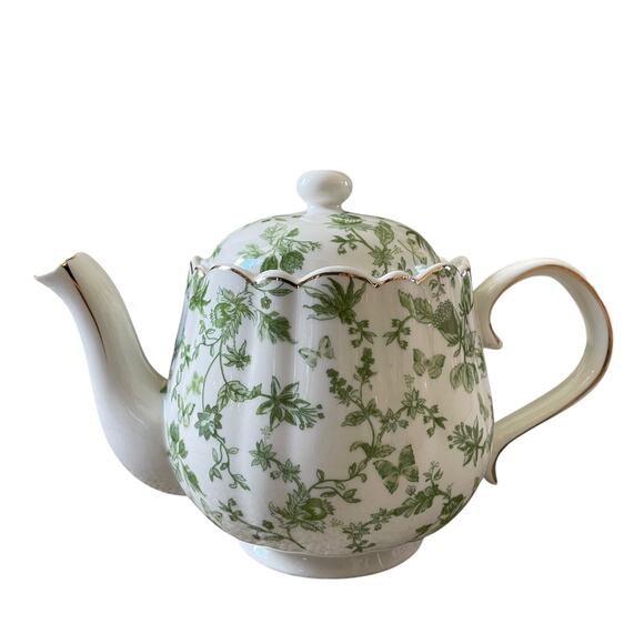 Grace Teaware Porcelain Coffee Pot Teapot Shabby Chic Green & White Floral New - Picture 1 of 16